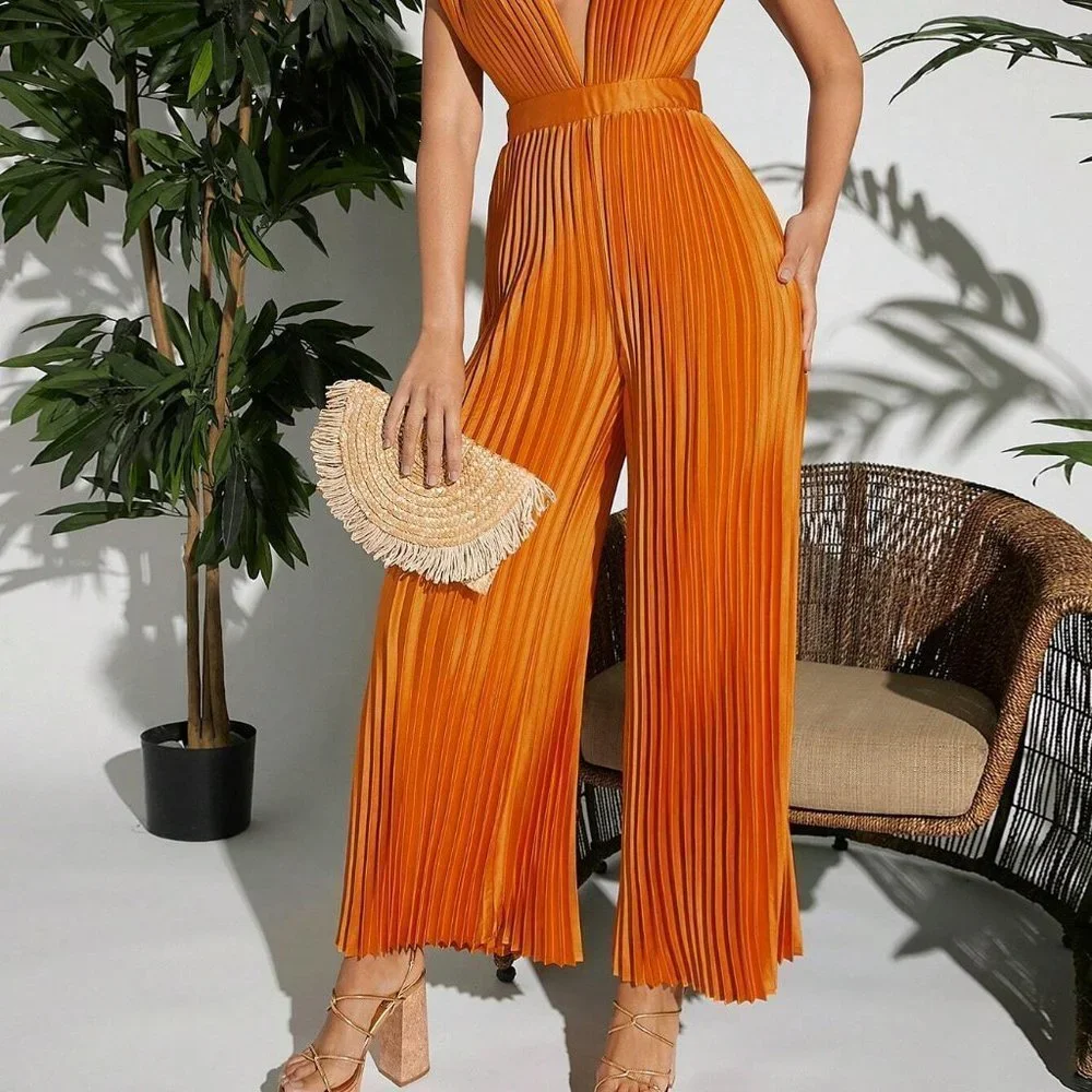 Plunging Neck Pleated Wide Leg Satin Jumpsuit Orange - Picture 2 of 5